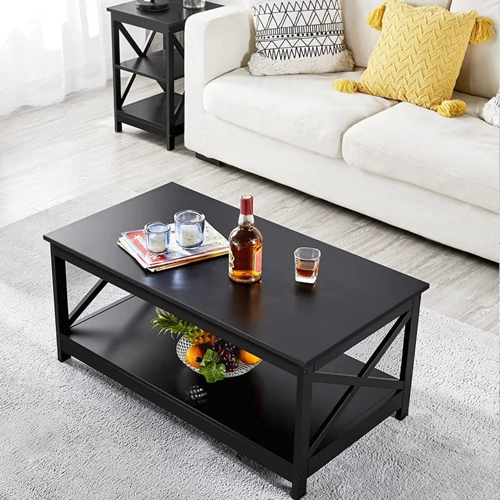 Coffee Table Living Room Furniture Table with Storage Shelf, Black